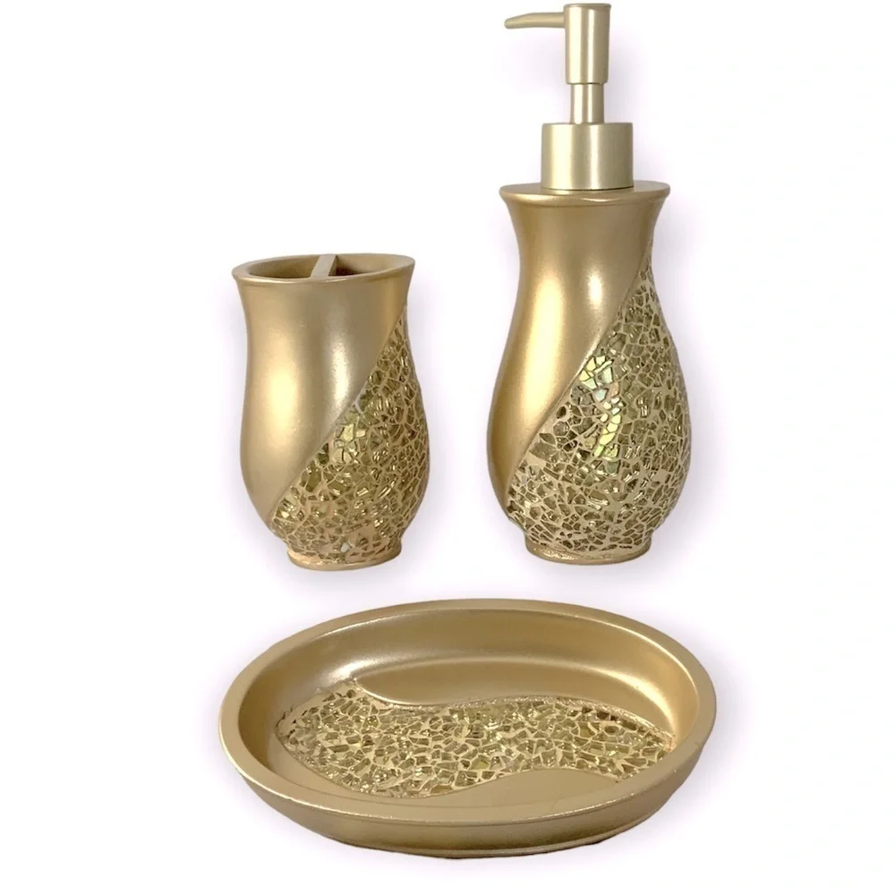 Champagne Gold Mosaic Glass Sparkle Sinatra Bath Accessory Matching 3 Piece Set